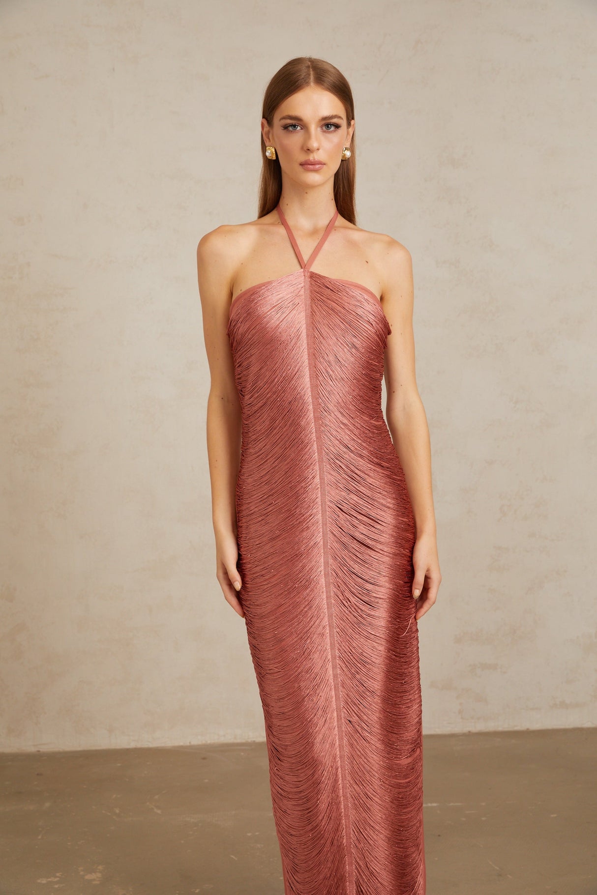 Aurohaya Polliana Pink Fringed Corset Maxi Gown
