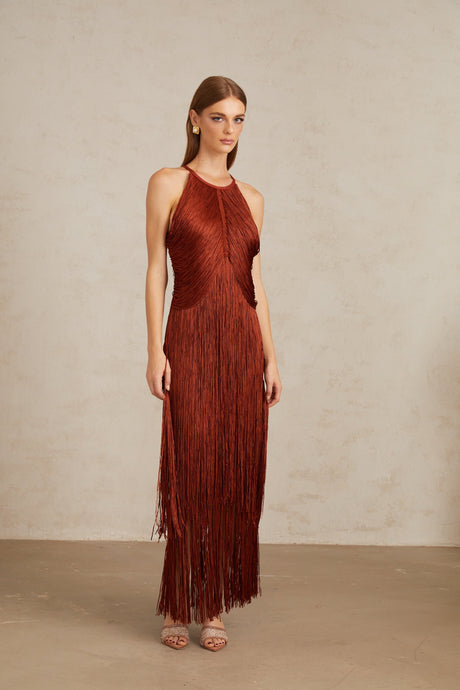 Aurohaya Mélisande Rusty Red Halterneck Fringed Maxi Gown