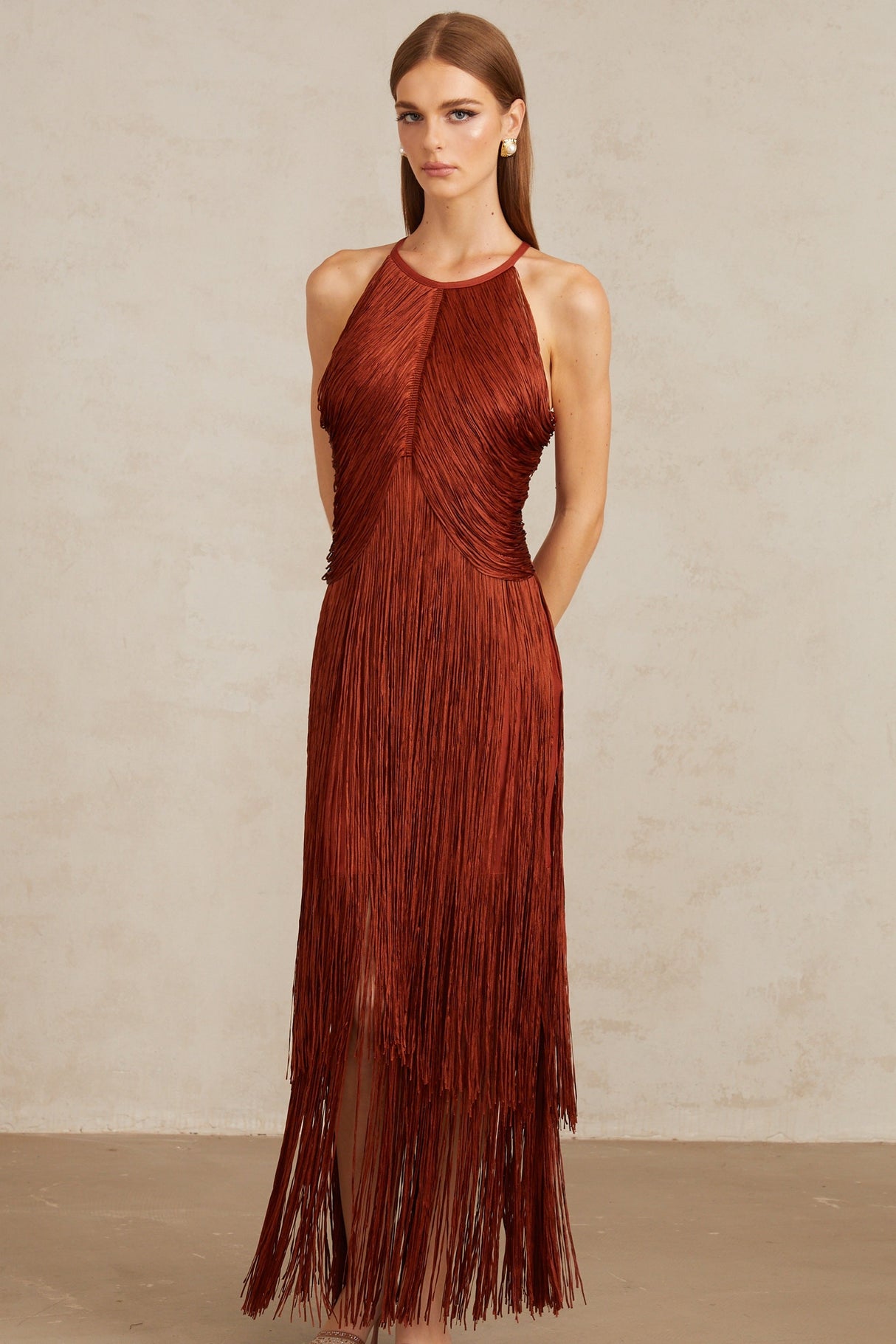 Aurohaya Mélisande Rusty Red Halterneck Fringed Maxi Gown