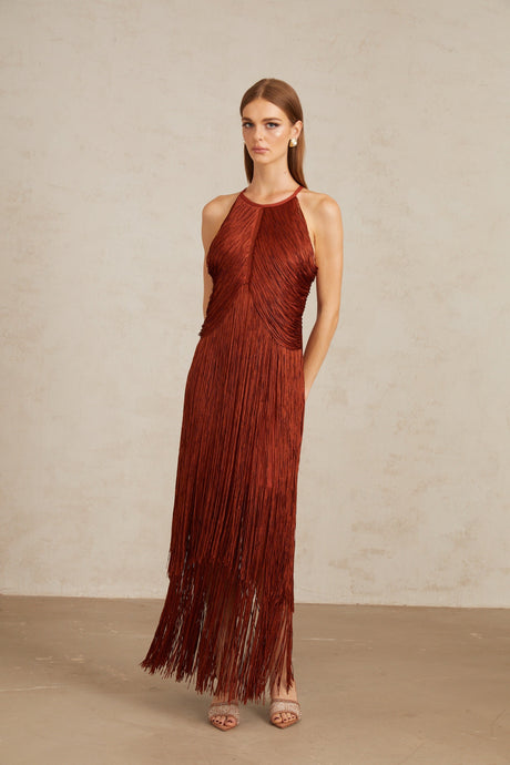 Aurohaya Mélisande Rusty Red Halterneck Fringed Maxi Gown