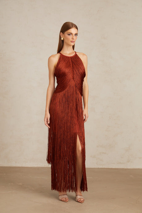 Aurohaya Mélisande Rusty Red Halterneck Fringed Maxi Gown