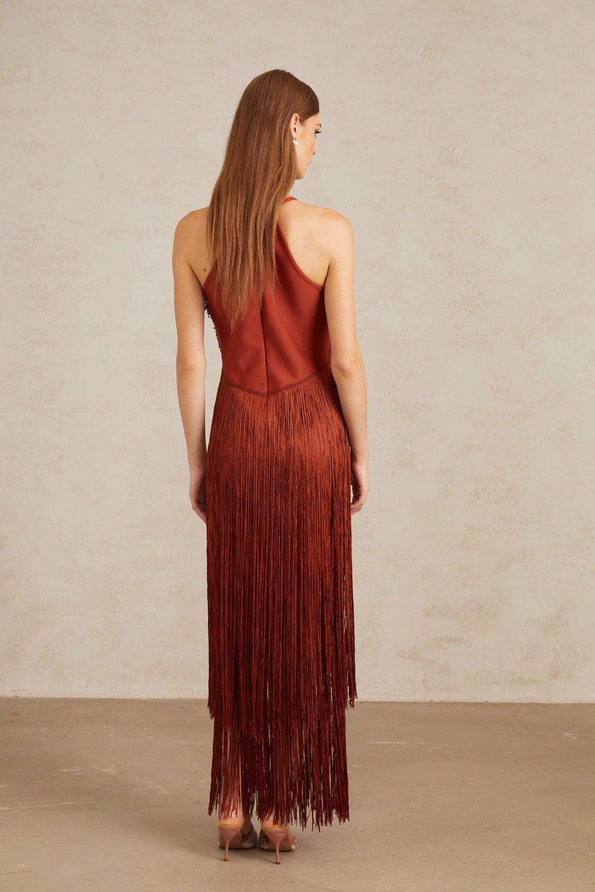 Aurohaya Mélisande Rusty Red Halterneck Fringed Maxi Gown