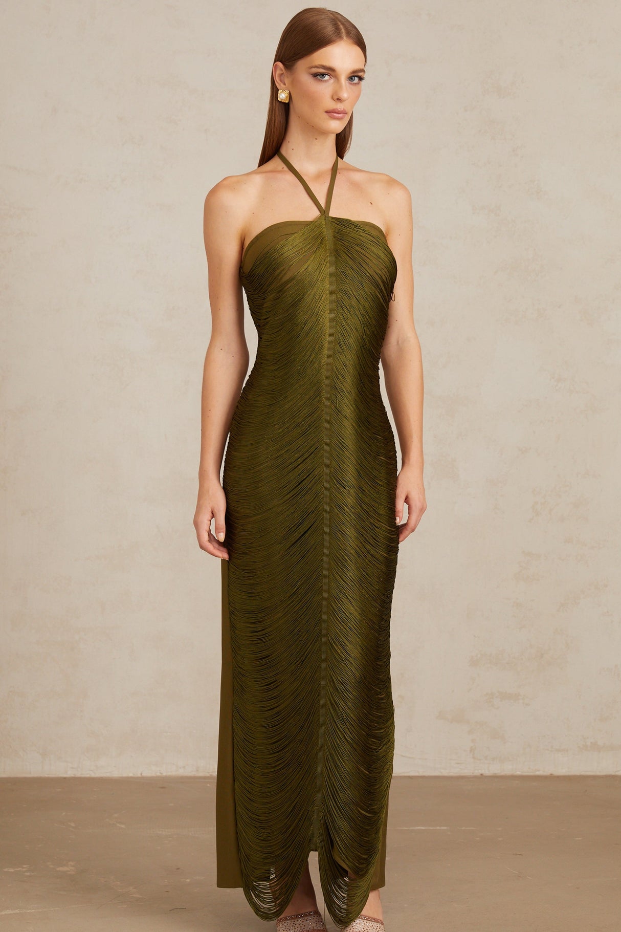 Aurohaya Polliana Olive Green Fringed Corset Maxi Gown