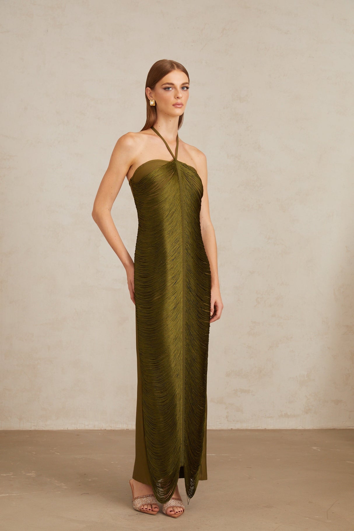 Aurohaya Polliana Olive Green Fringed Corset Maxi Gown