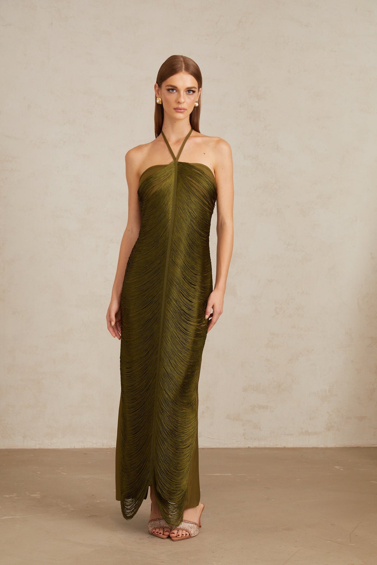 Aurohaya Polliana Olive Green Fringed Corset Maxi Gown