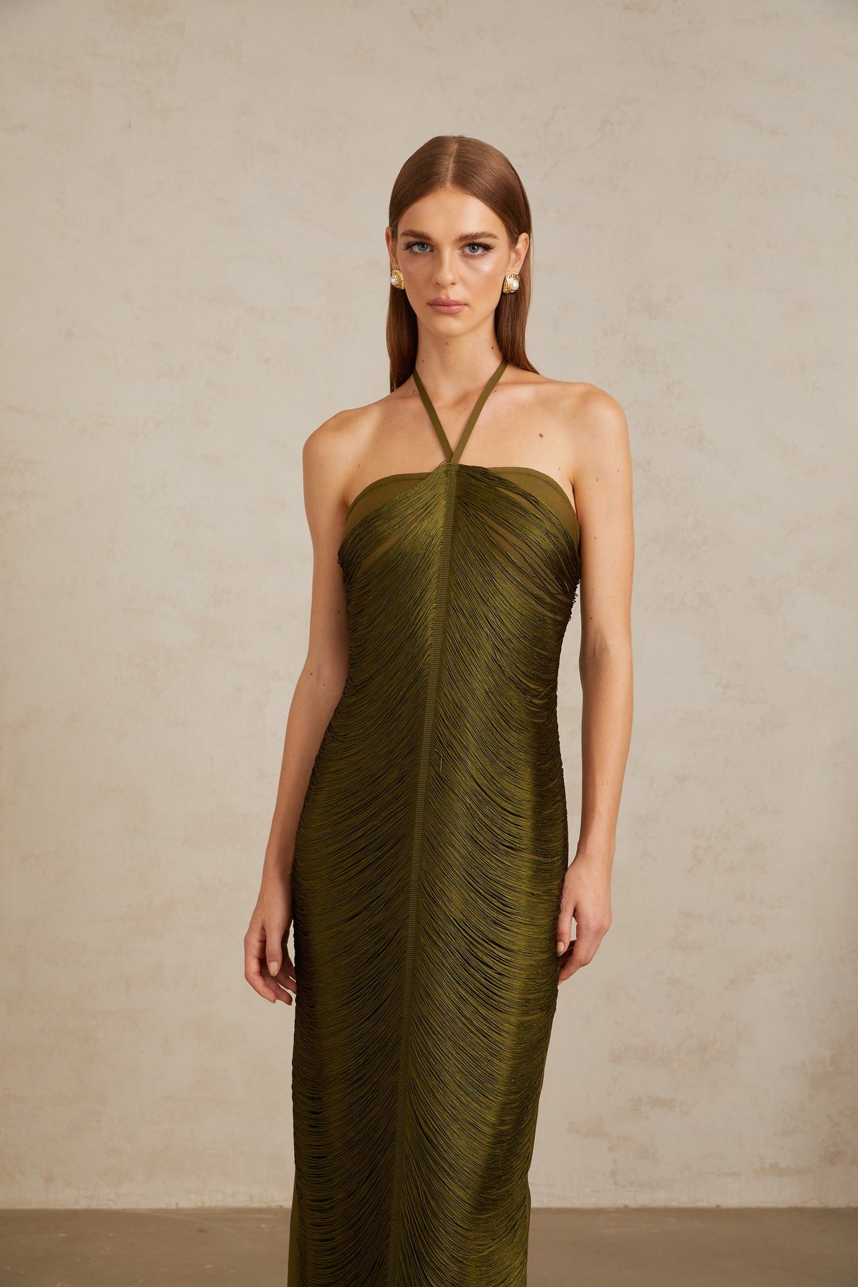 Aurohaya Polliana Olive Green Fringed Corset Maxi Gown