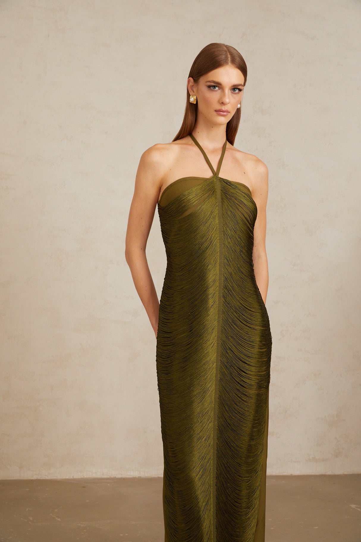 Aurohaya Polliana Olive Green Fringed Corset Maxi Gown