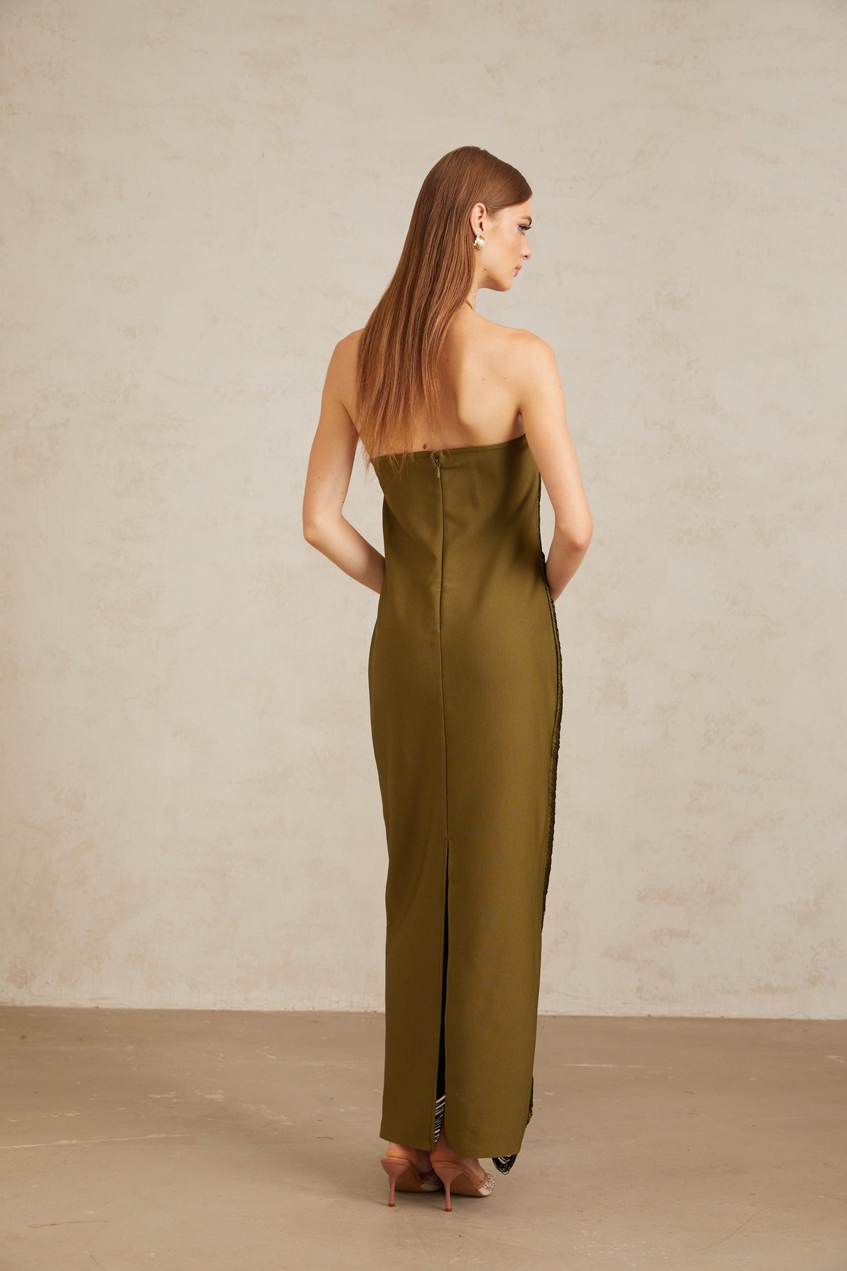 Aurohaya Polliana Olive Green Fringed Corset Maxi Gown