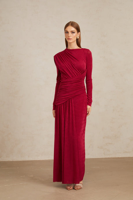 Aurohaya Charme Red Ruched Maxi Dress