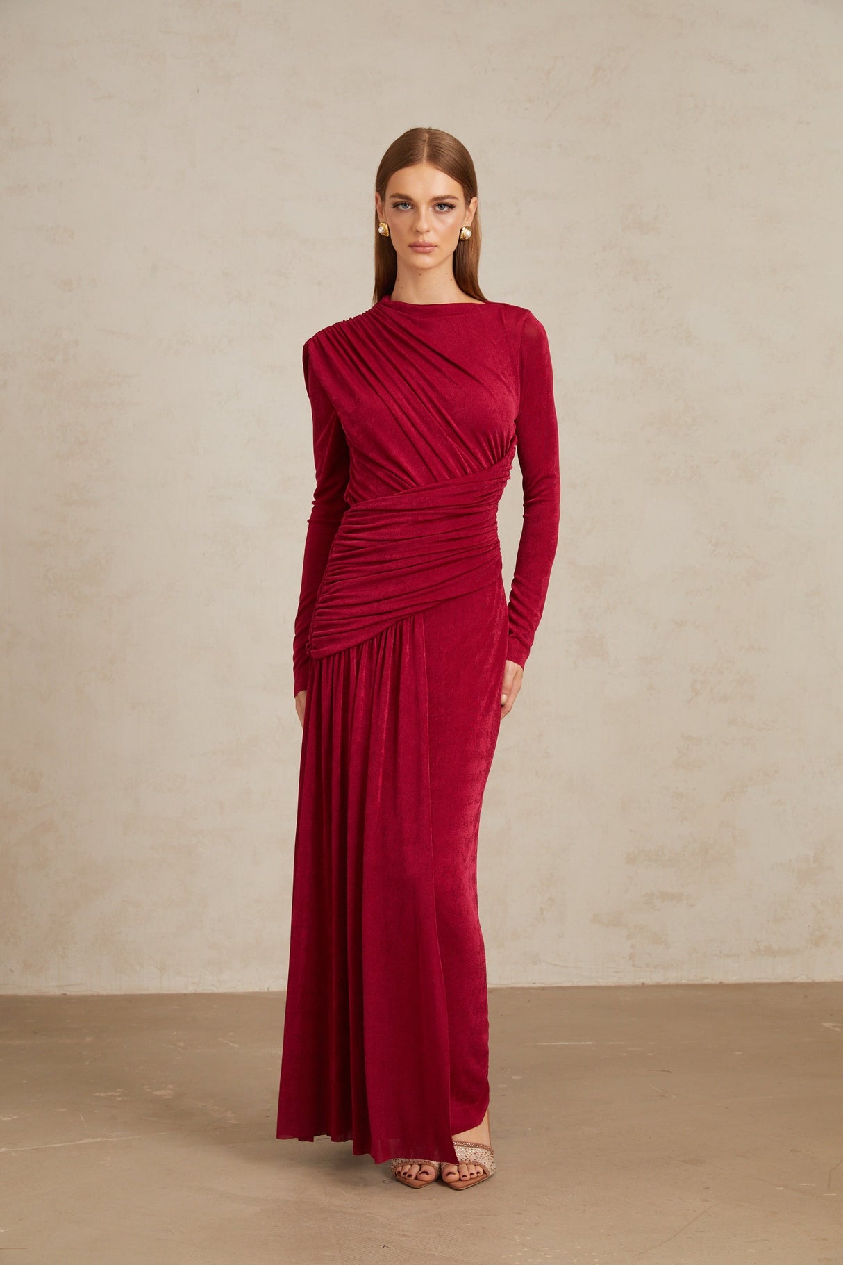 Aurohaya Charme Red Ruched Maxi Dress