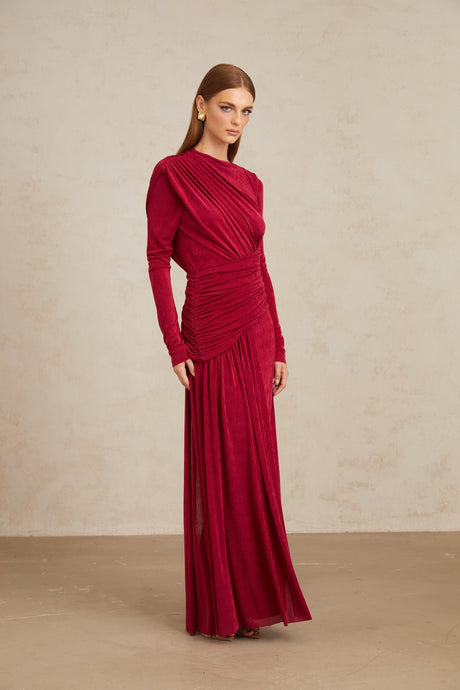 Aurohaya Charme Red Ruched Maxi Dress