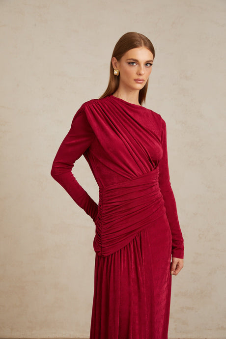 Aurohaya Charme Red Ruched Maxi Dress