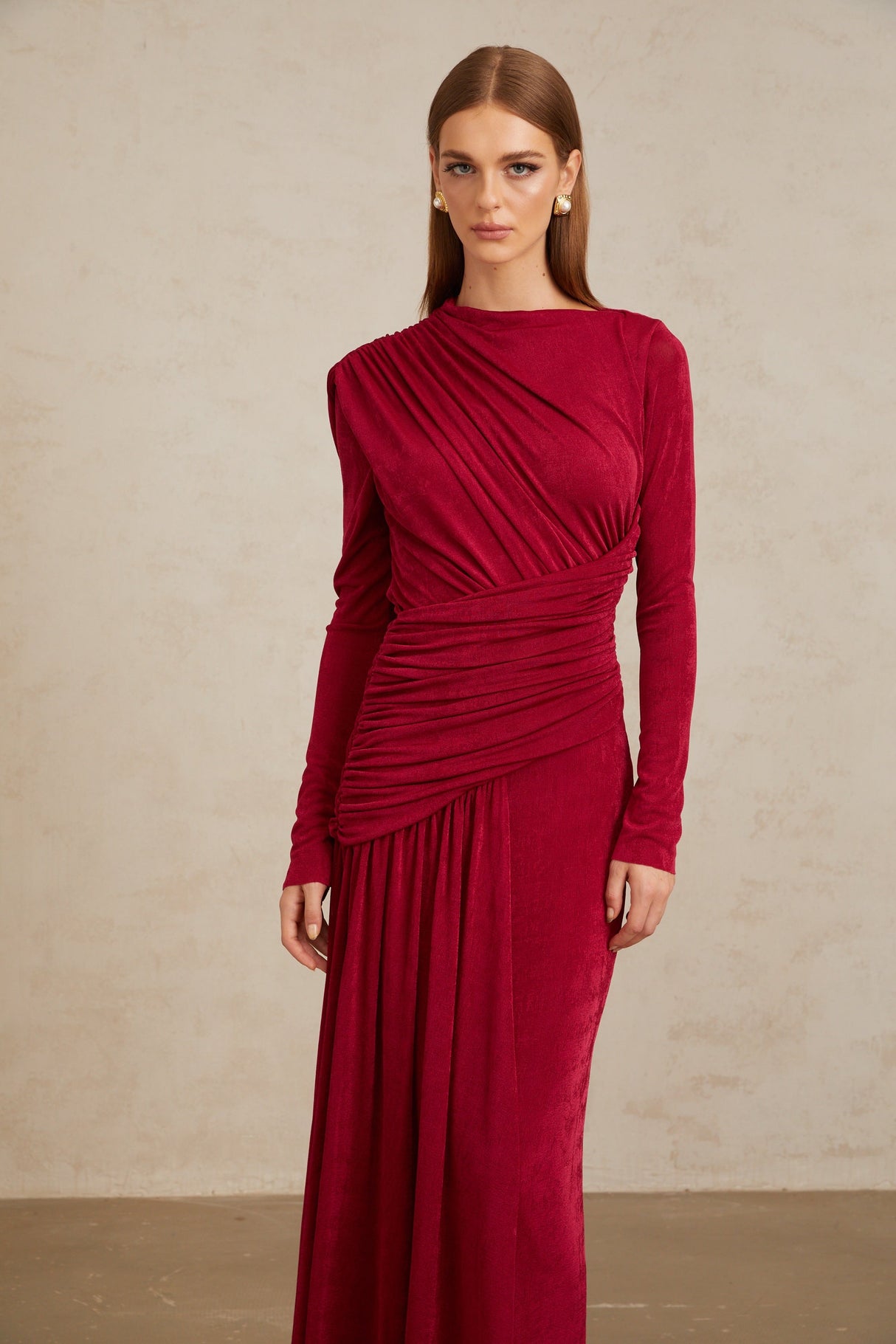 Aurohaya Charme Red Ruched Maxi Dress