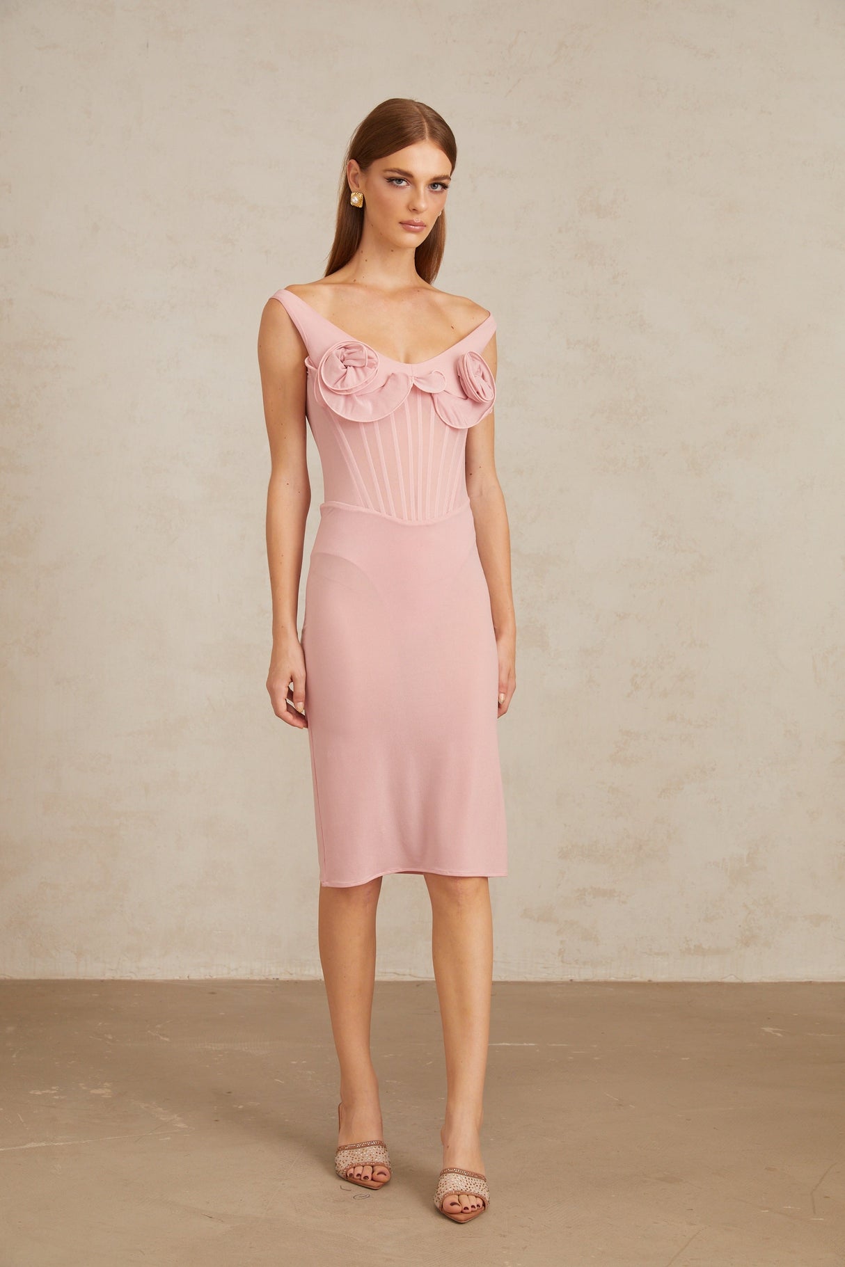 Aurohaya Aada Pink Fitted 3D Petal Midi Dress