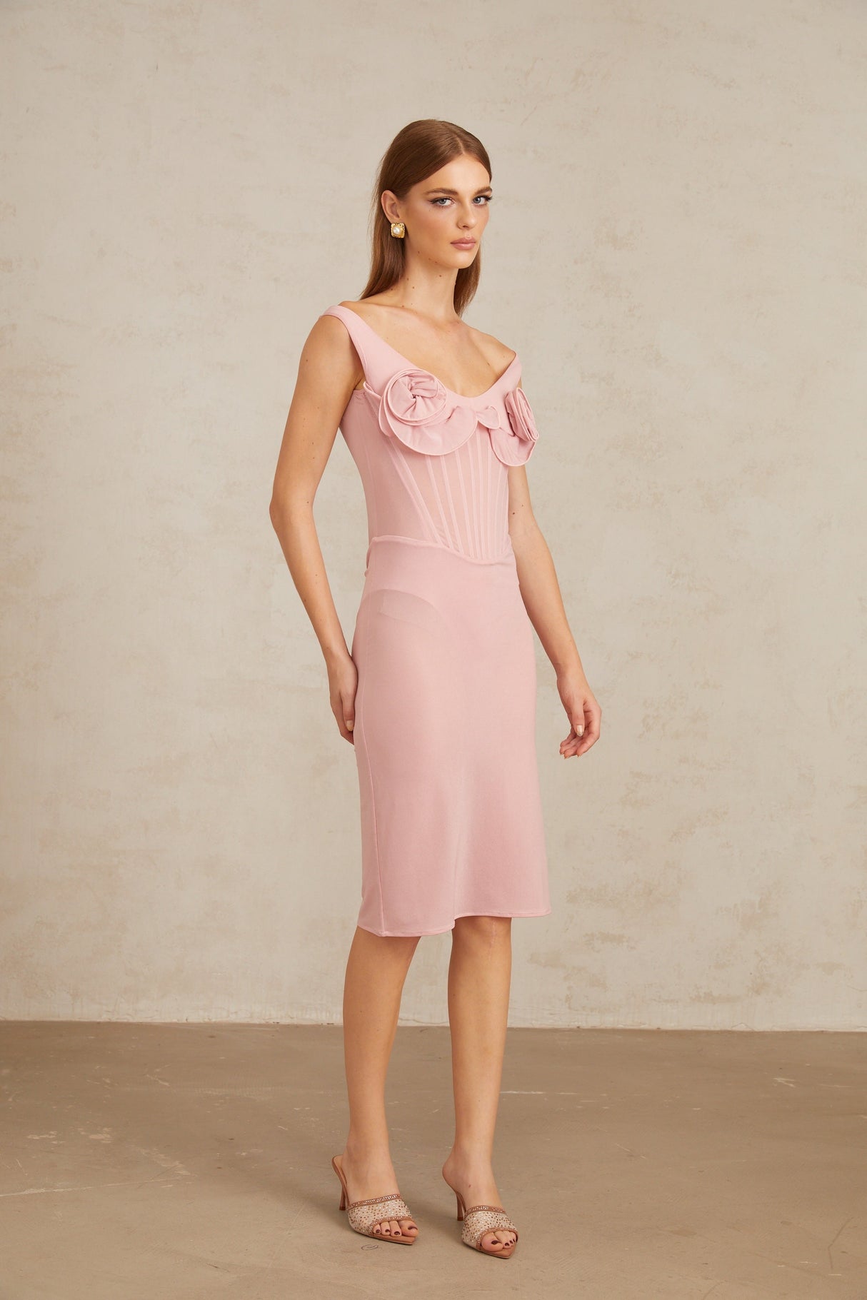 Aurohaya Aada Pink Fitted 3D Petal Midi Dress