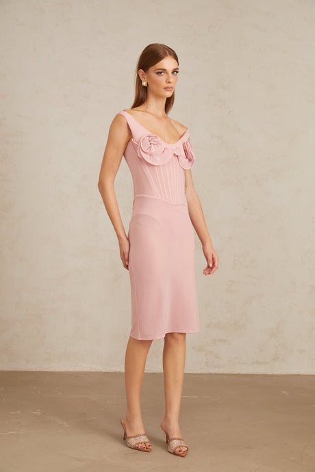 Aurohaya Aada Pink Fitted 3D Petal Midi Dress