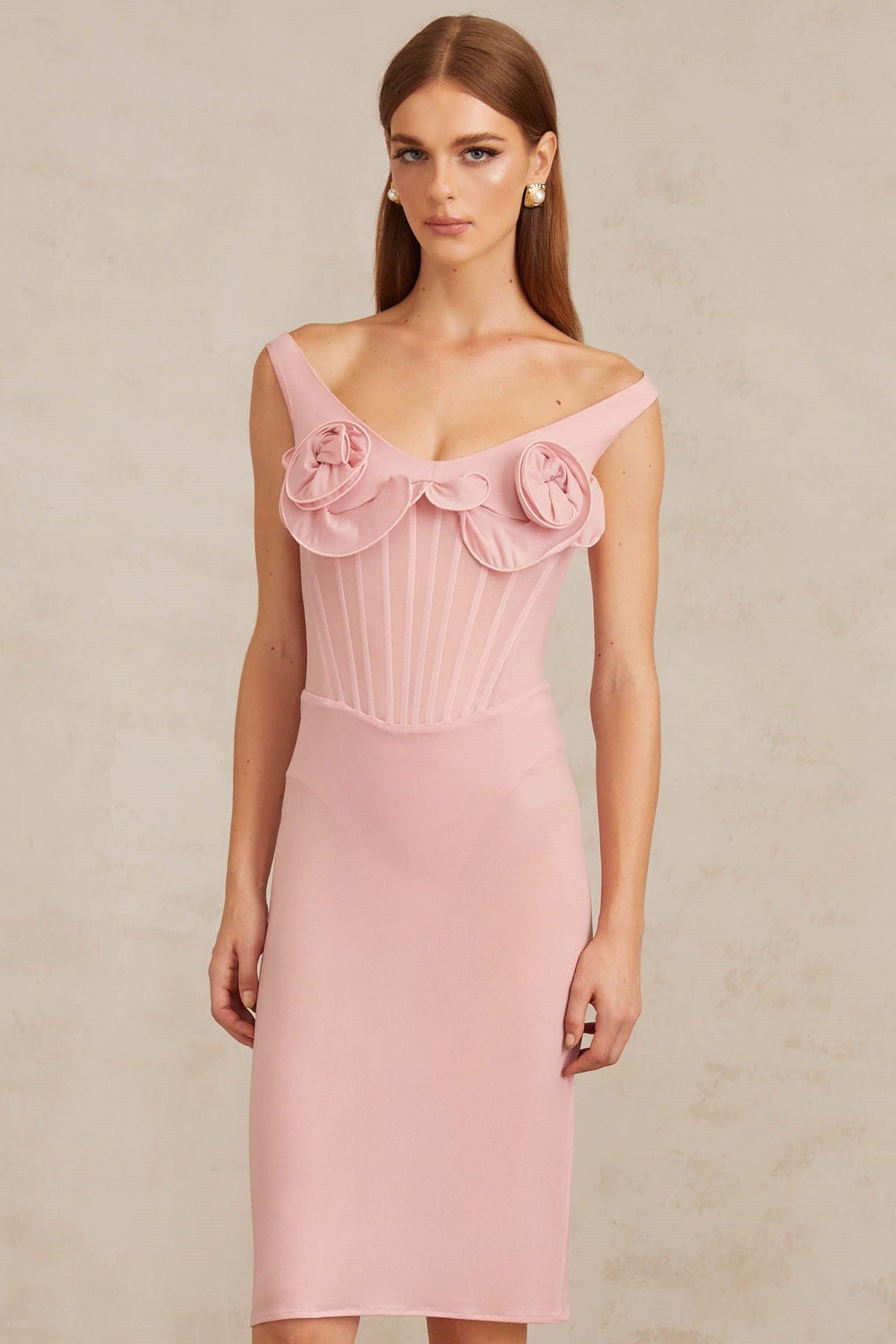 Aurohaya Aada Pink Fitted 3D Petal Midi Dress