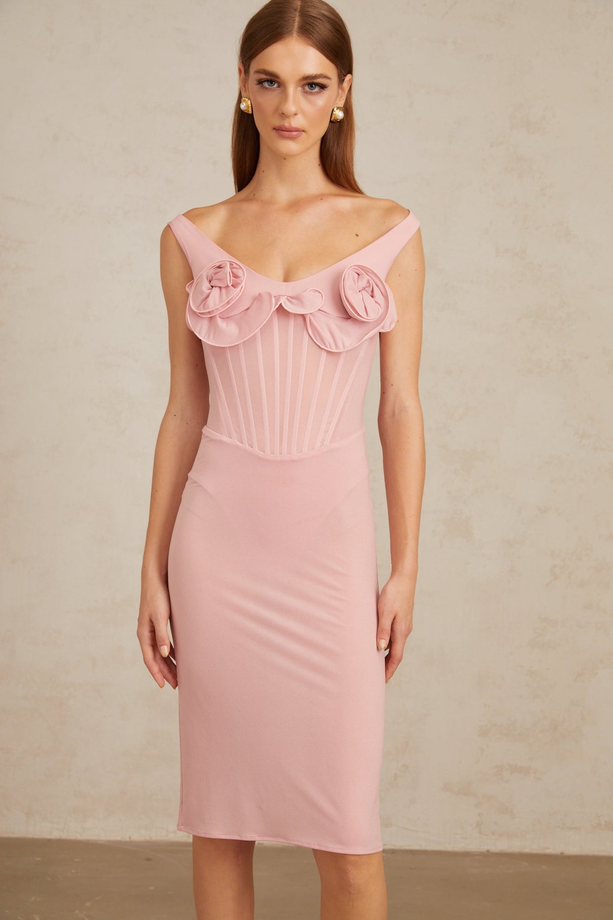 Aurohaya Aada Pink Fitted 3D Petal Midi Dress