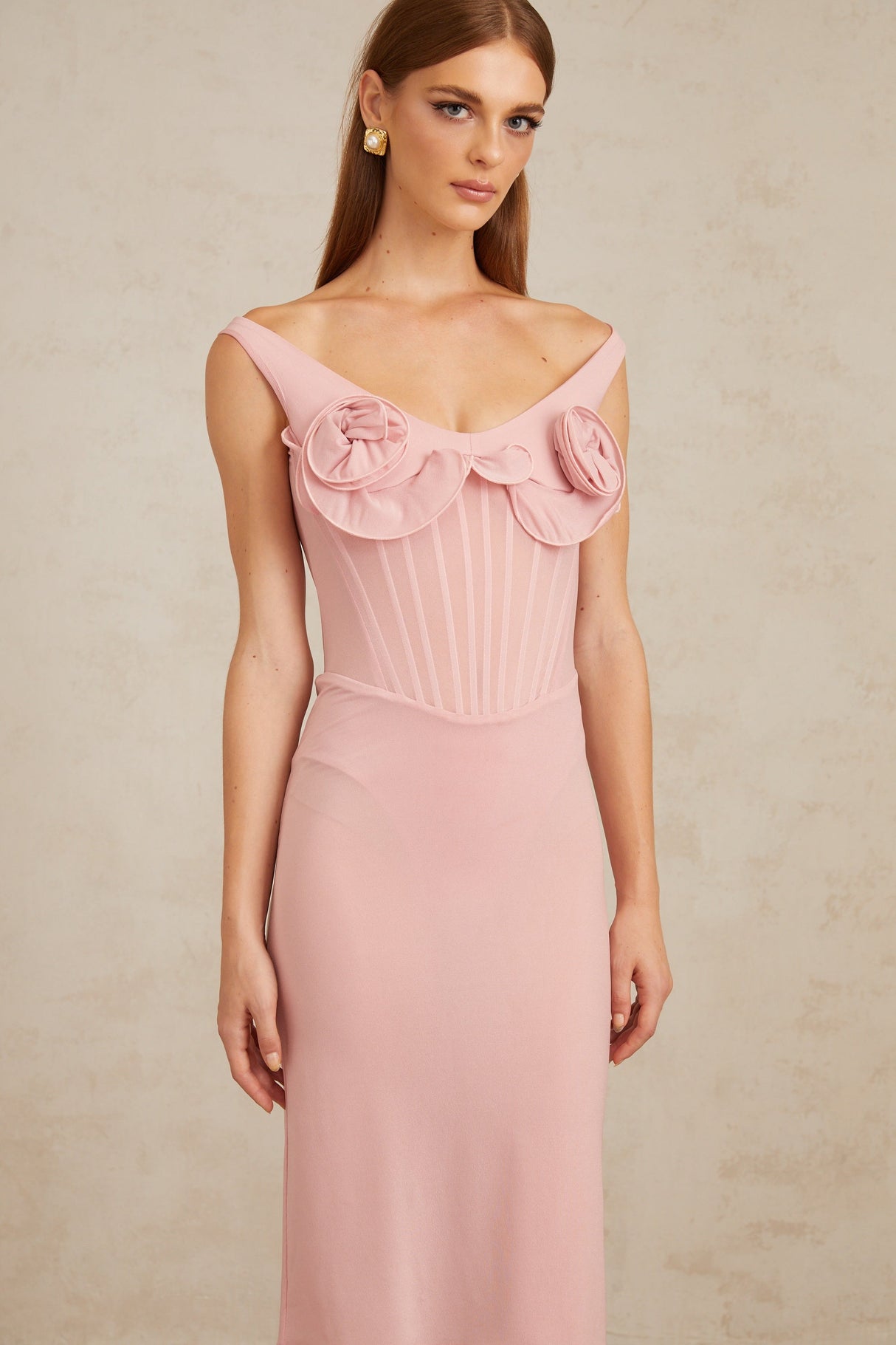 Aurohaya Aada Pink Fitted 3D Petal Midi Dress