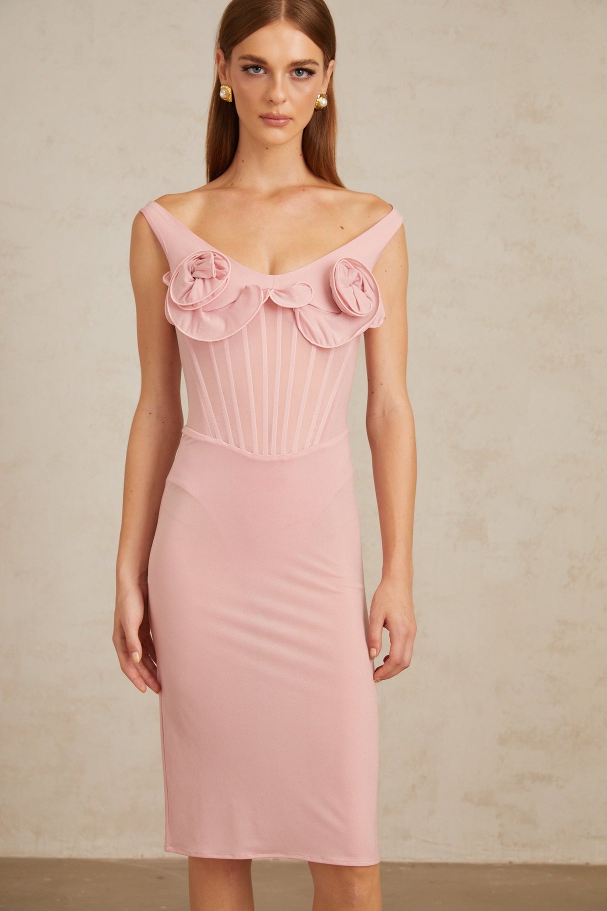 Aurohaya Aada Pink Fitted 3D Petal Midi Dress