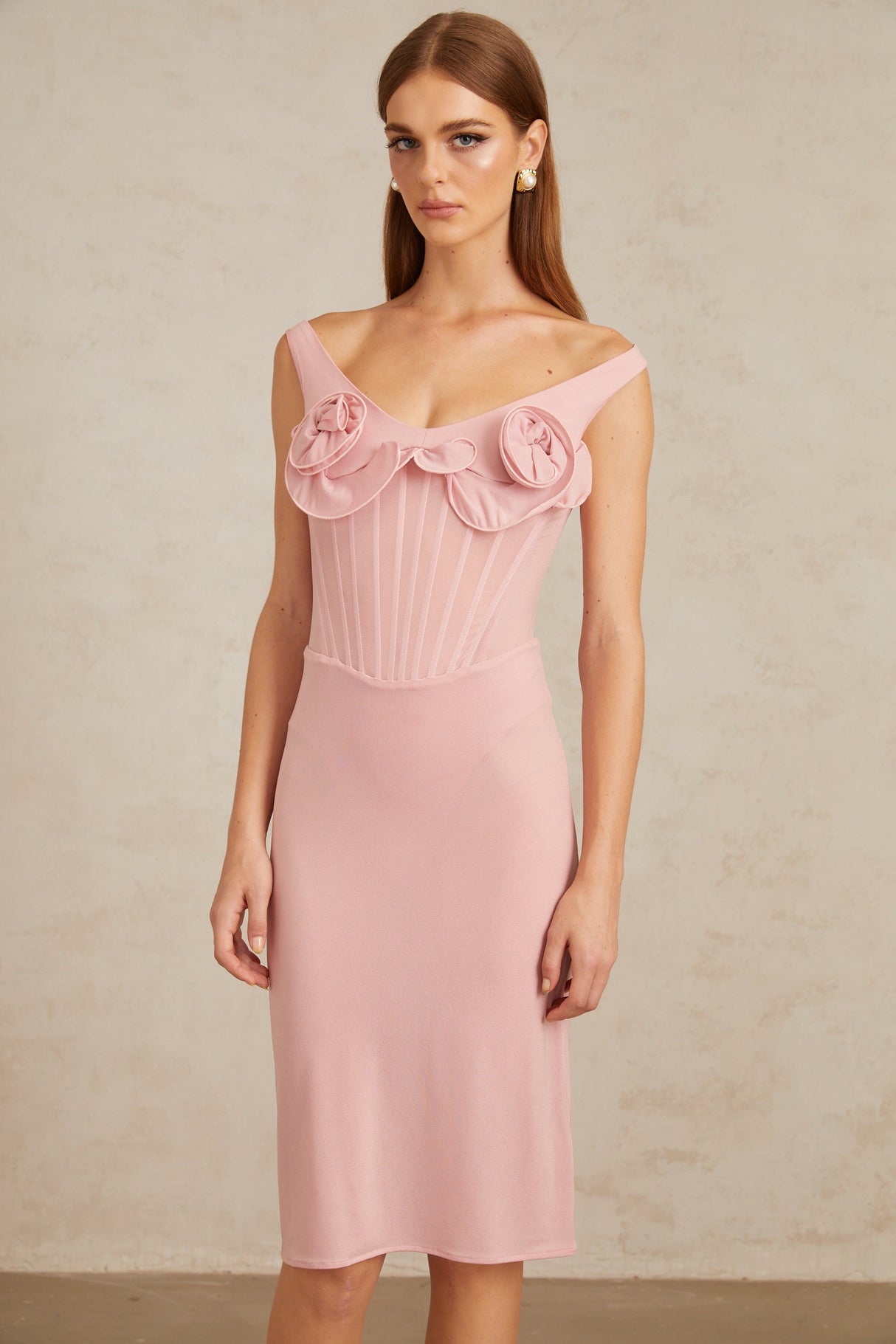 Aurohaya Aada Pink Fitted 3D Petal Midi Dress