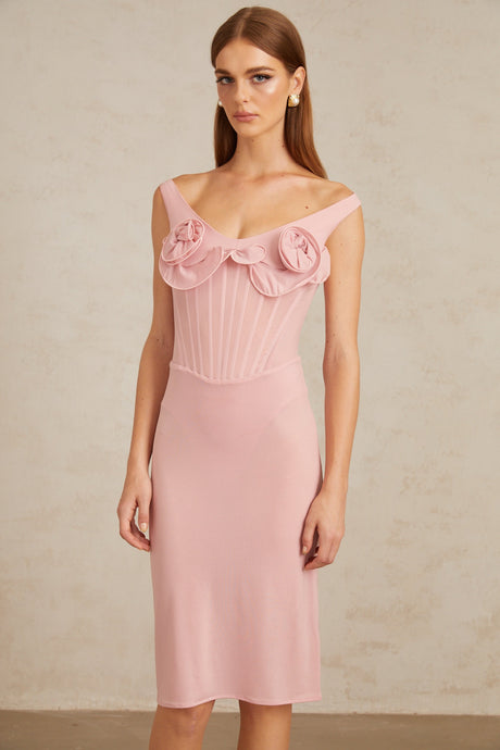 Aurohaya Aada Pink Fitted 3D Petal Midi Dress