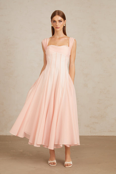 Aurohaya Érasme Pink Flounced Midi Dress