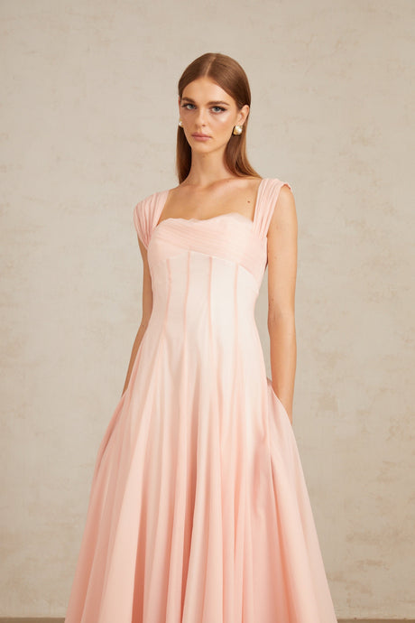 Aurohaya Érasme Pink Flounced Midi Dress