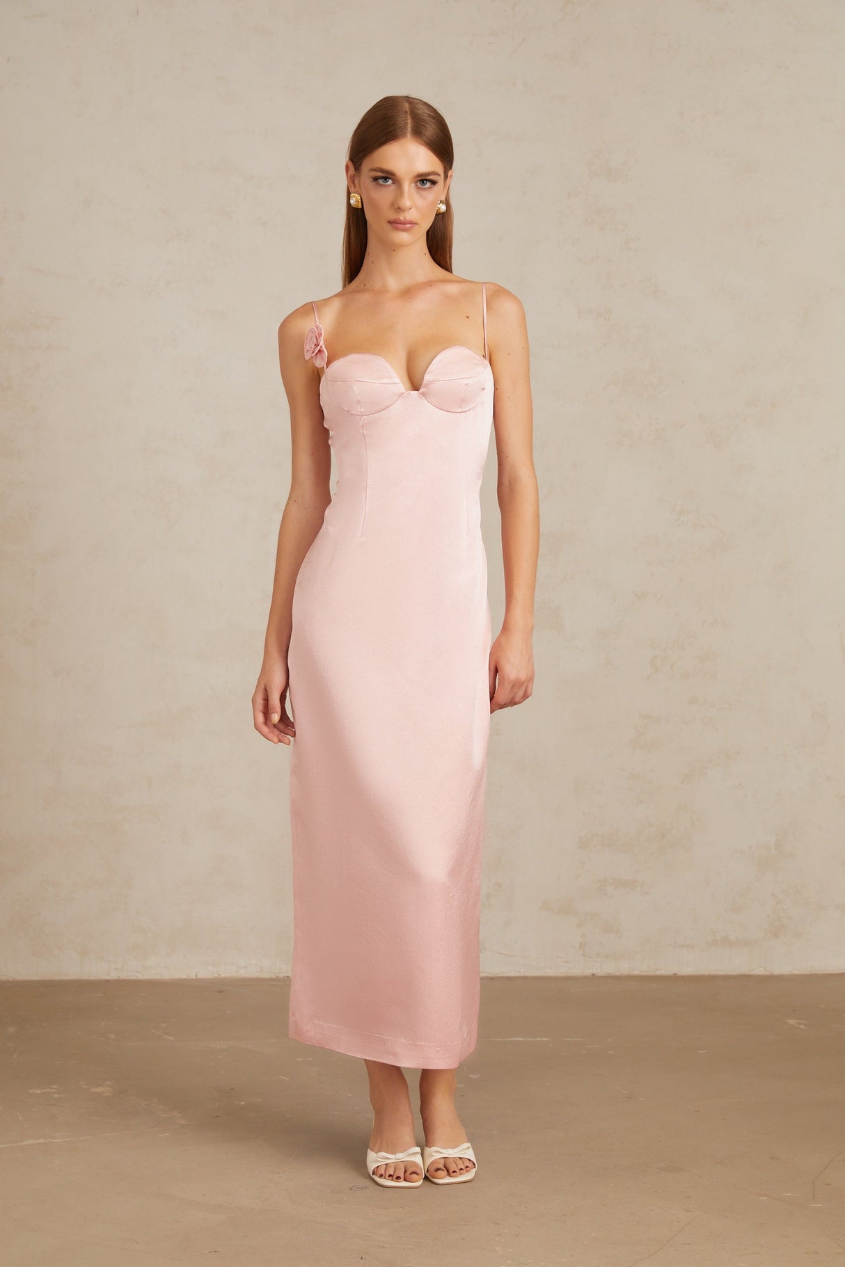 Aurohaya Ida Pink Floral Satin Midi Dress