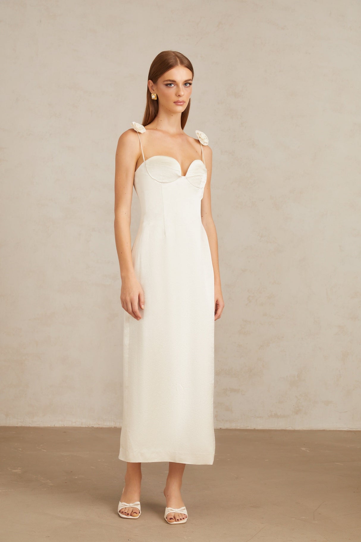 Aurohaya Ida White Floral Satin Midi Dress