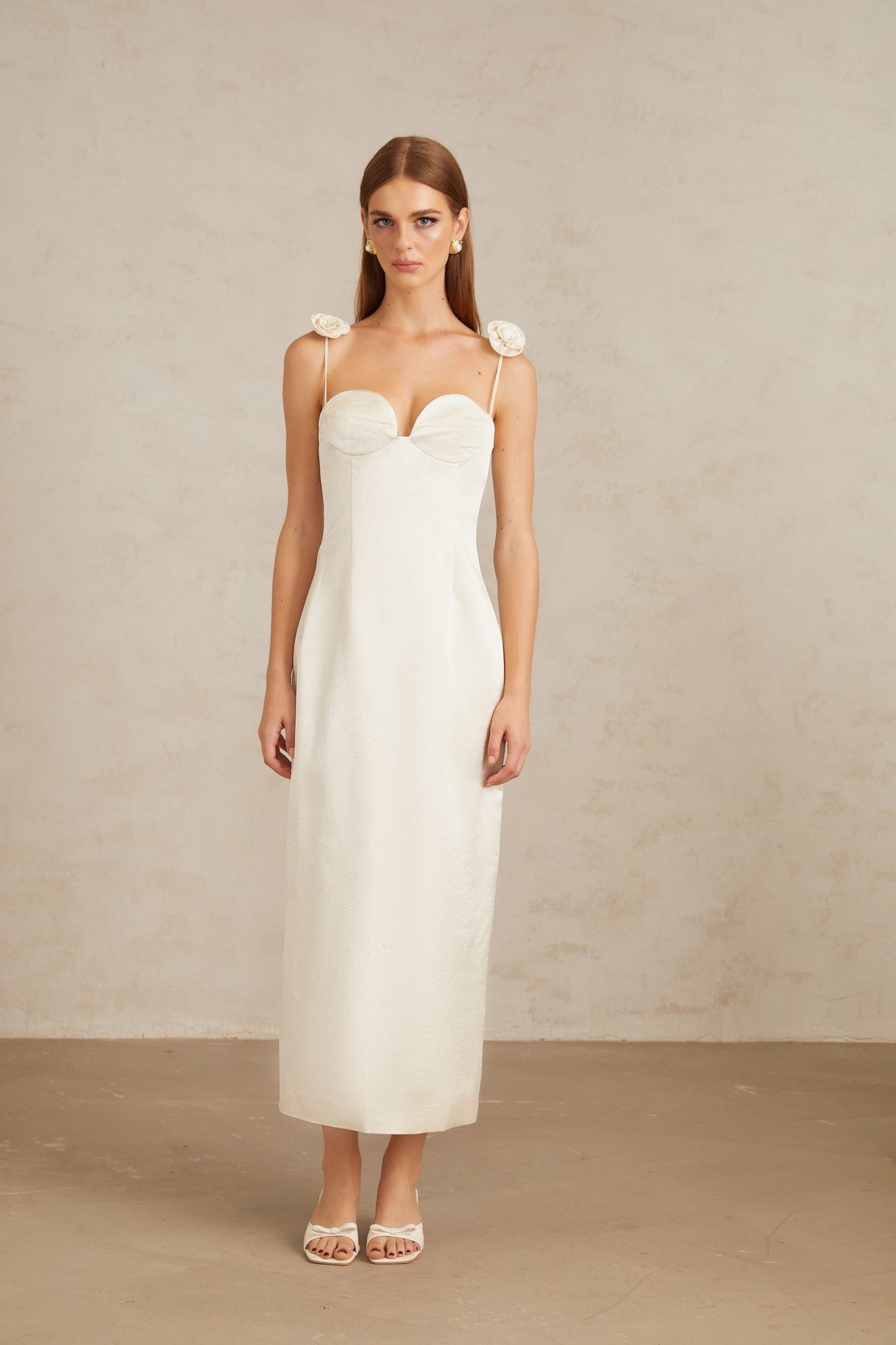 Aurohaya Ida White Floral Satin Midi Dress