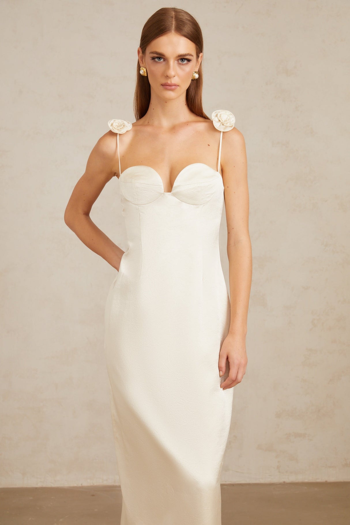 Aurohaya Ida White Floral Satin Midi Dress