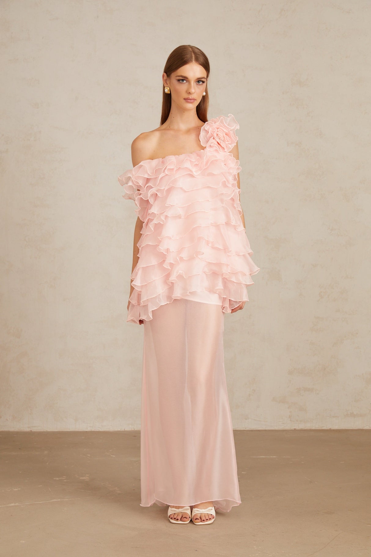 Aurohaya Rosalie Pink Layered Ruffled Floral Dress & Skirt Set