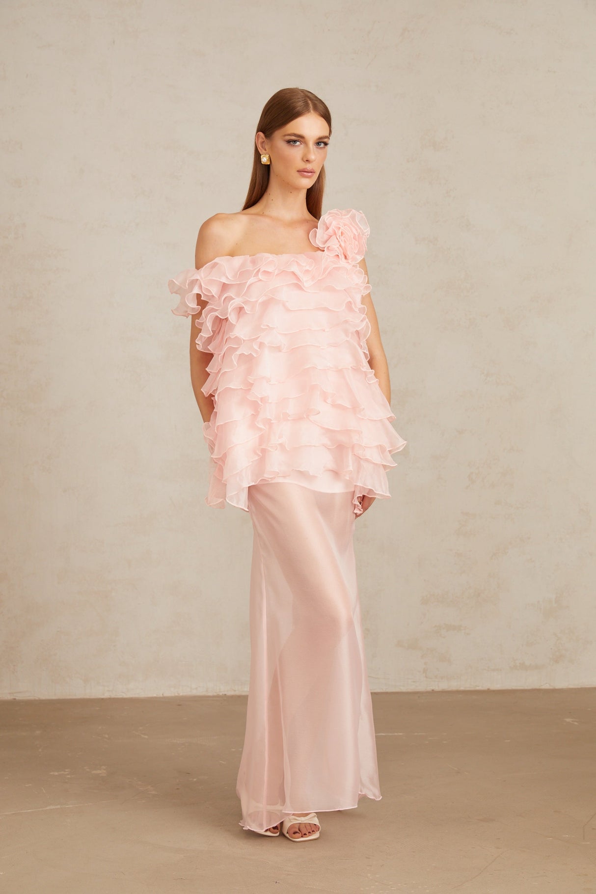 Aurohaya Rosalie Pink Layered Ruffled Floral Dress & Skirt Set
