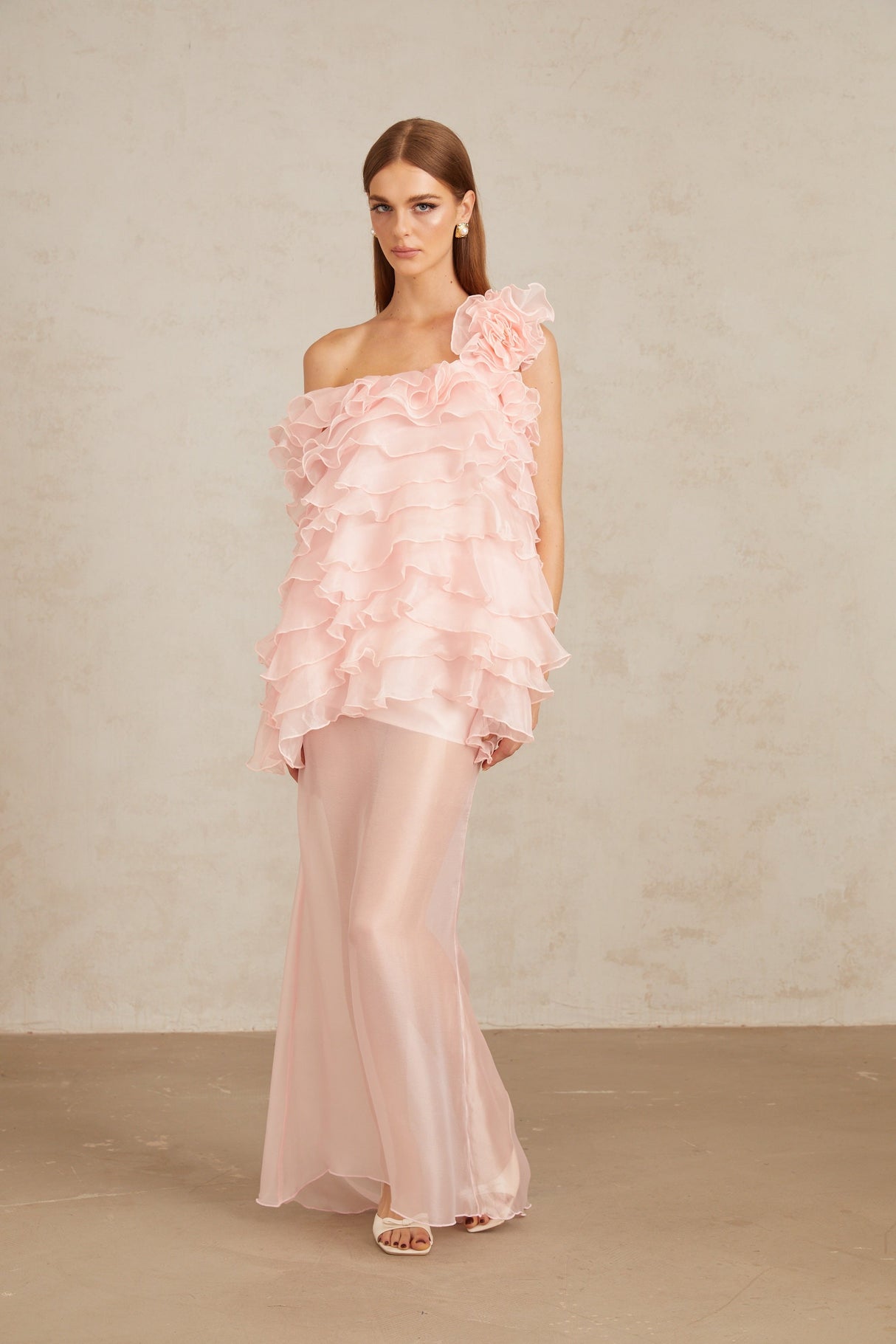 Aurohaya Rosalie Pink Layered Ruffled Floral Dress & Skirt Set