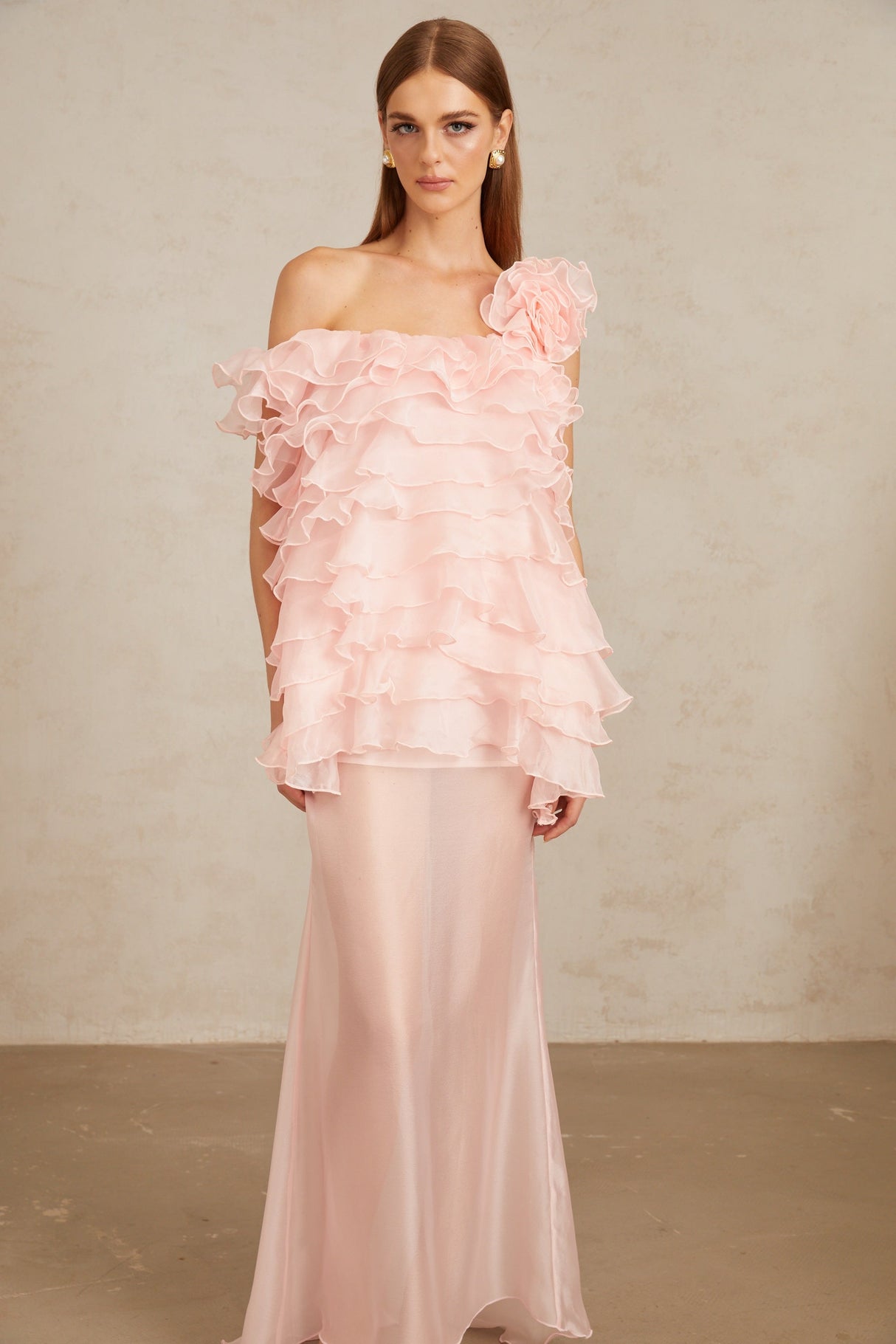 Aurohaya Rosalie Pink Layered Ruffled Floral Dress & Skirt Set