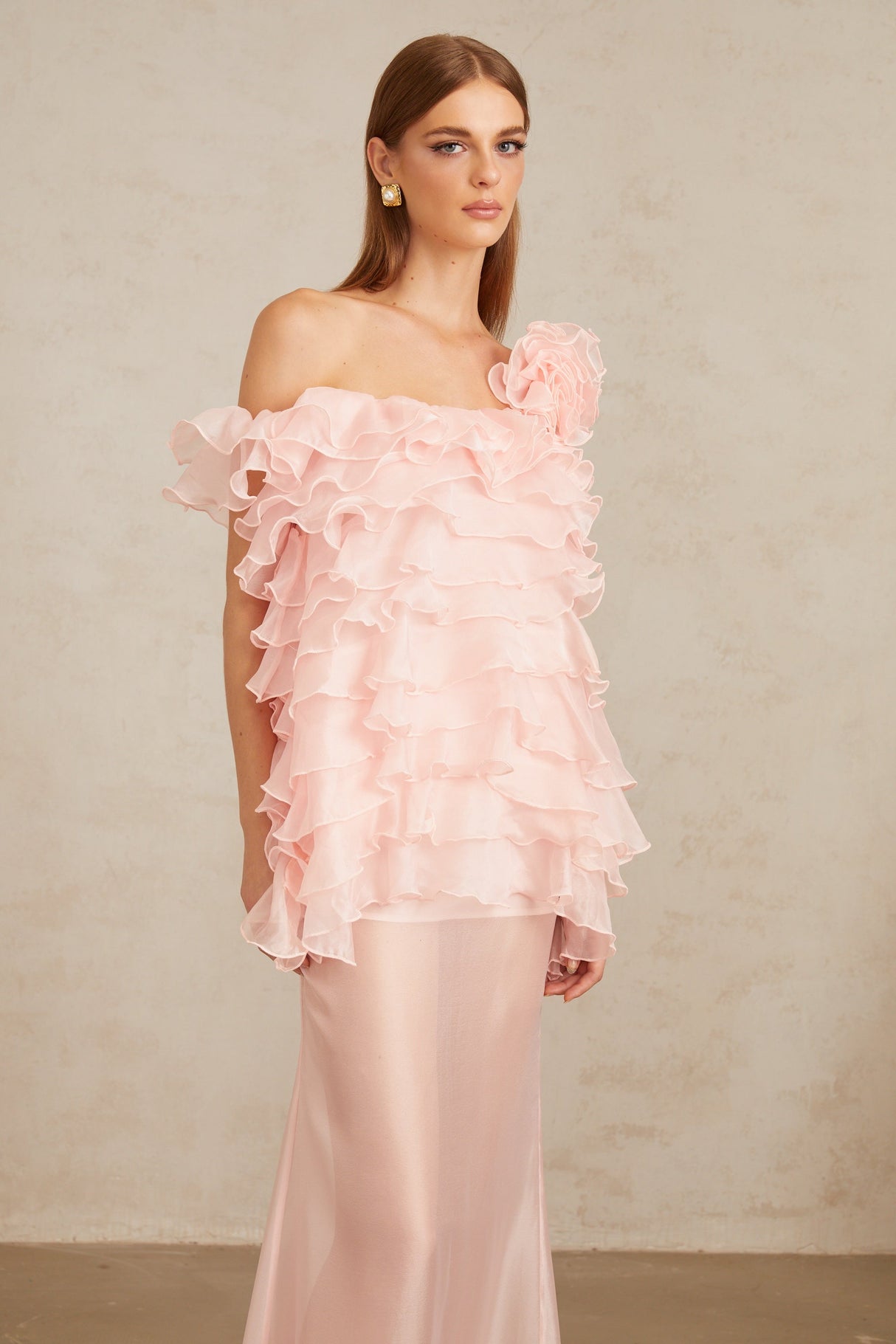 Aurohaya Rosalie Pink Layered Ruffled Floral Dress & Skirt Set