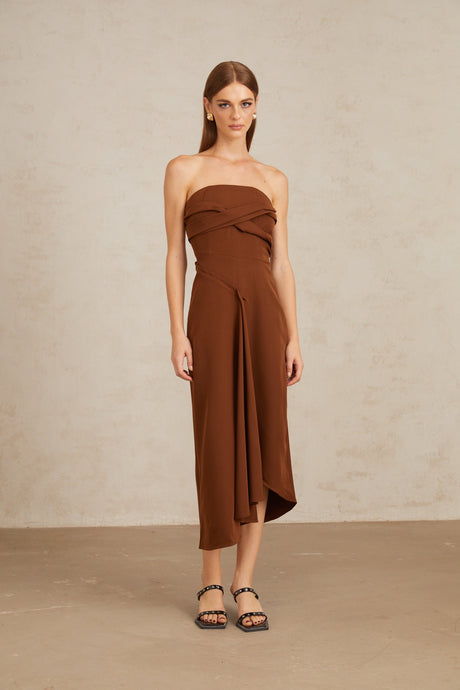 Aurohaya Kyliegh Brown Asymmetrical Off-Shoulder Midi Dress