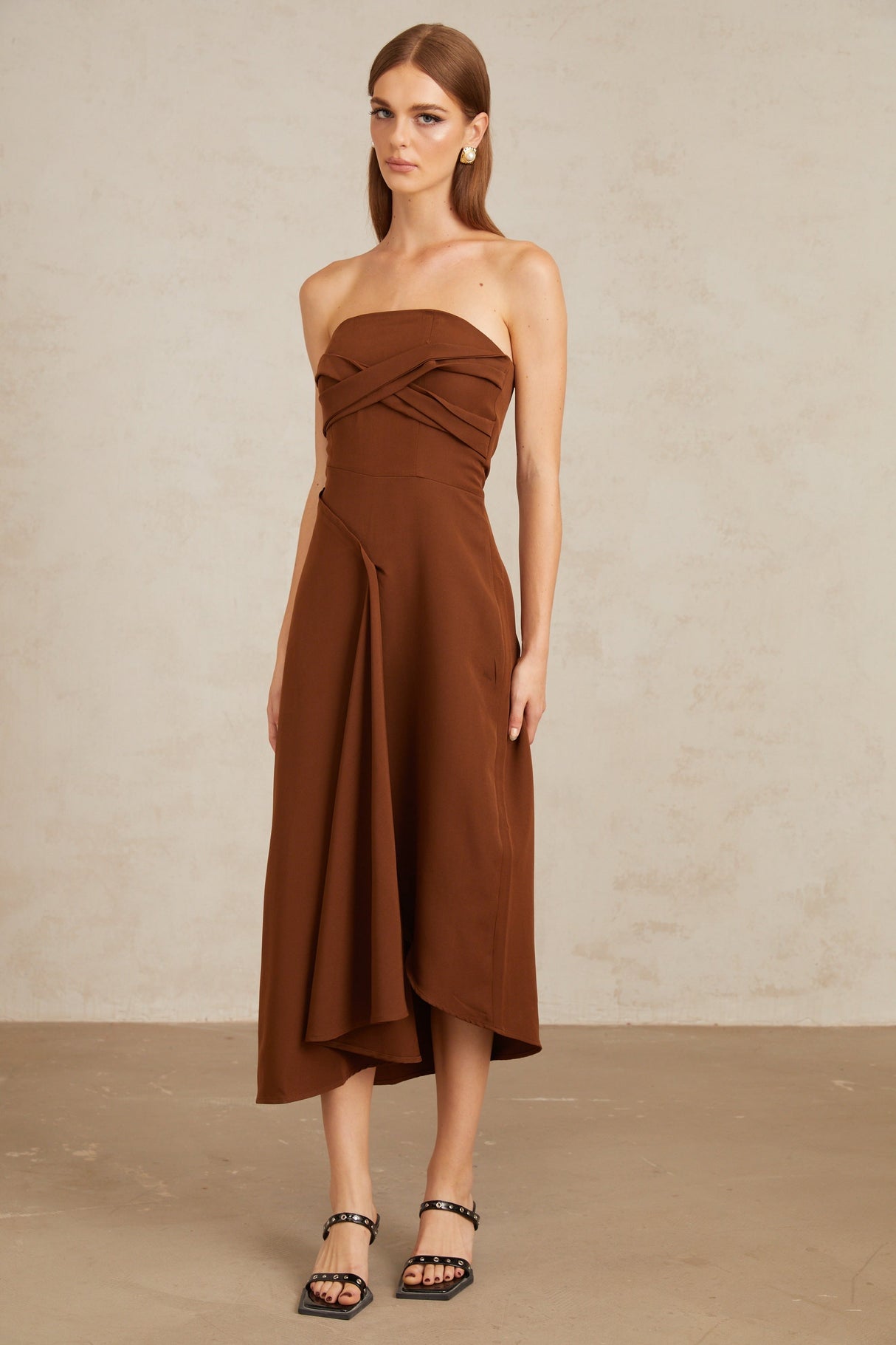 Aurohaya Kyliegh Brown Asymmetrical Off-Shoulder Midi Dress