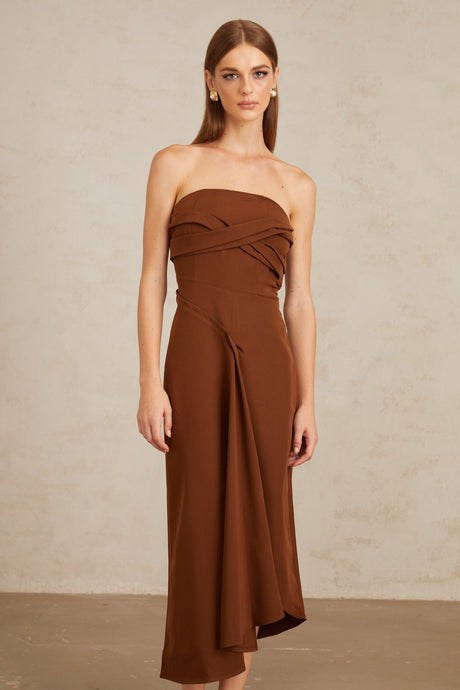 Aurohaya Kyliegh Brown Asymmetrical Off-Shoulder Midi Dress