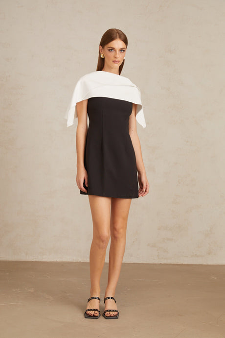 Aurohaya Constance Black A-Line Mini Dress with Cape Detail