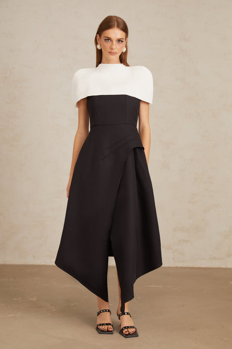 Aurohaya Fabienne Color Block Midi Dress with Shawl Detail