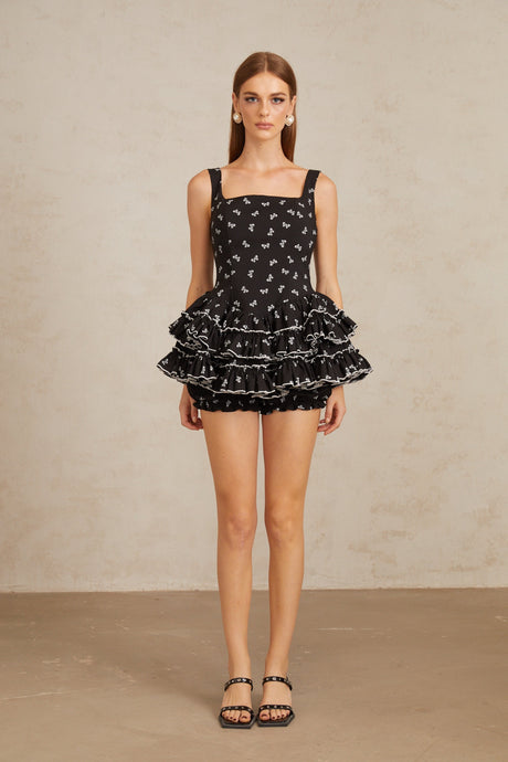 Aurohaya Camille Black Tiered Bow Print Mini Dress