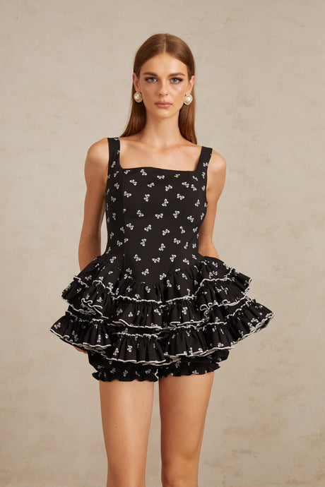 Aurohaya Camille Black Tiered Bow Print Mini Dress