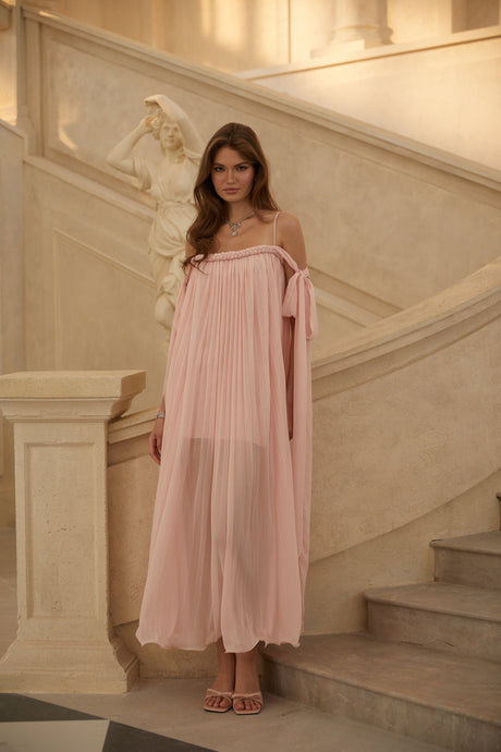 Aurohaya Agathe Pink Braid Detail Pleated Maxi Dress