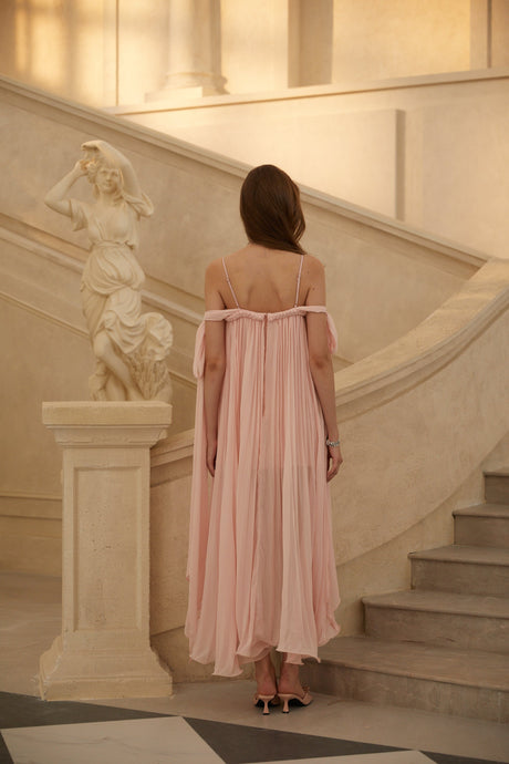 Aurohaya Agathe Pink Braid Detail Pleated Maxi Dress