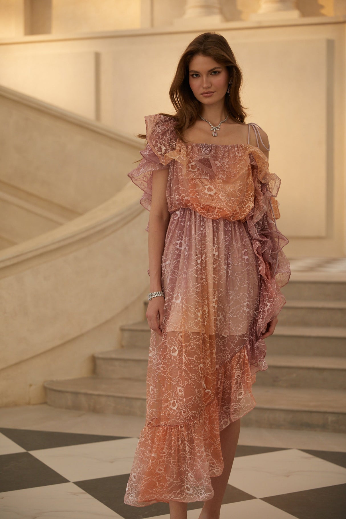 Aurohaya Éva Purple Gradient Floral Lace Midi Dress