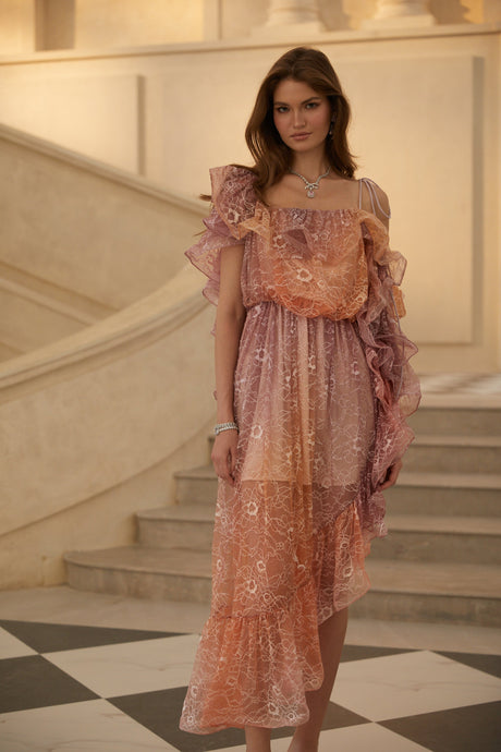 Aurohaya Éva Purple Gradient Floral Lace Midi Dress