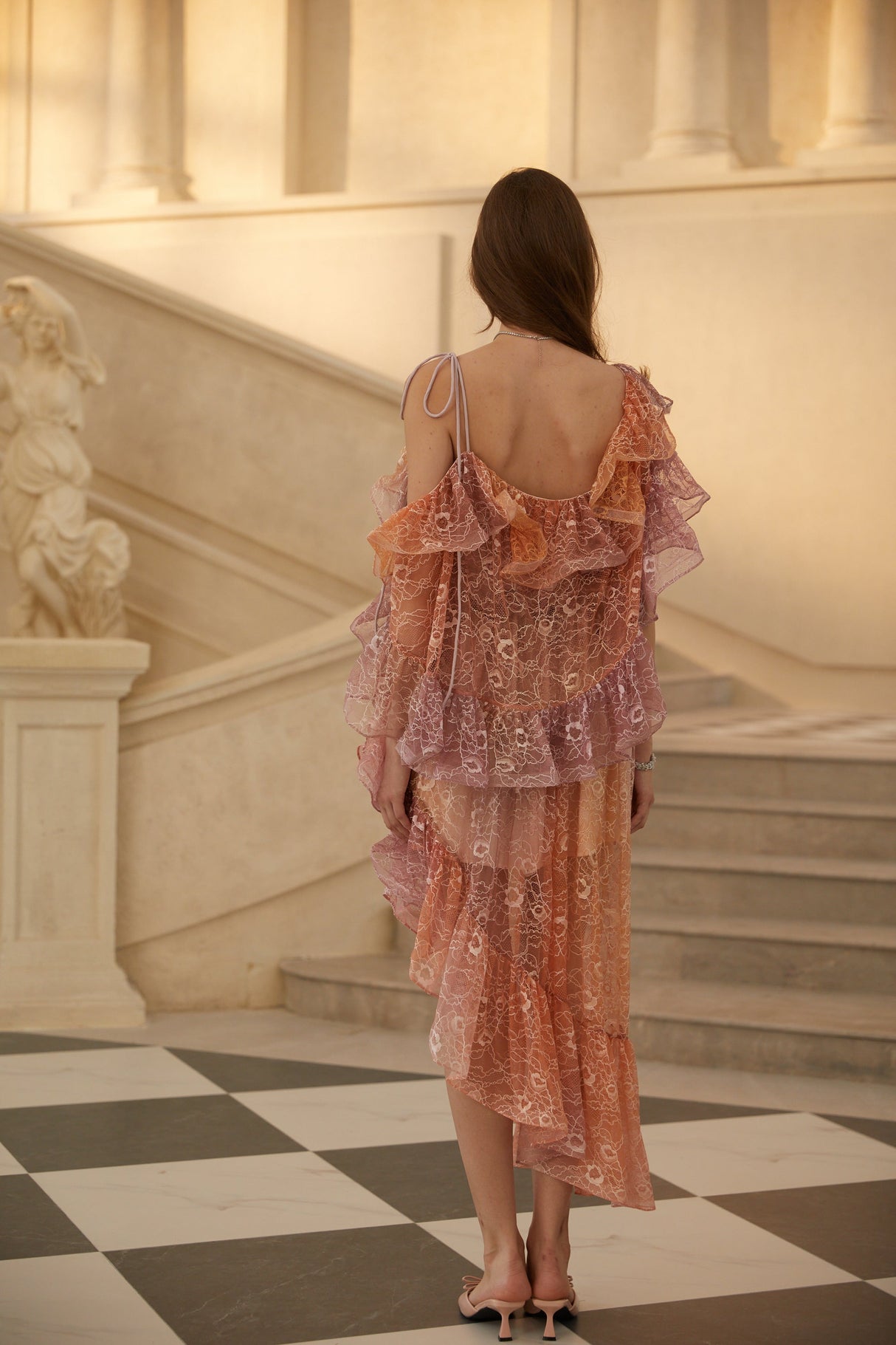 Aurohaya Éva Purple Gradient Floral Lace Midi Dress