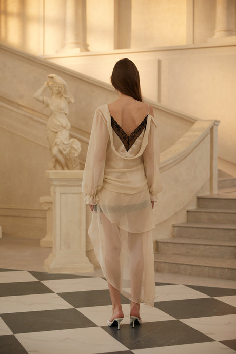 Aurohaya Armance Neutral Panelled Asymmetrical Tulle Mini Dress